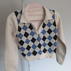 Shein women cream sweater with blue Diamond-long sleeve